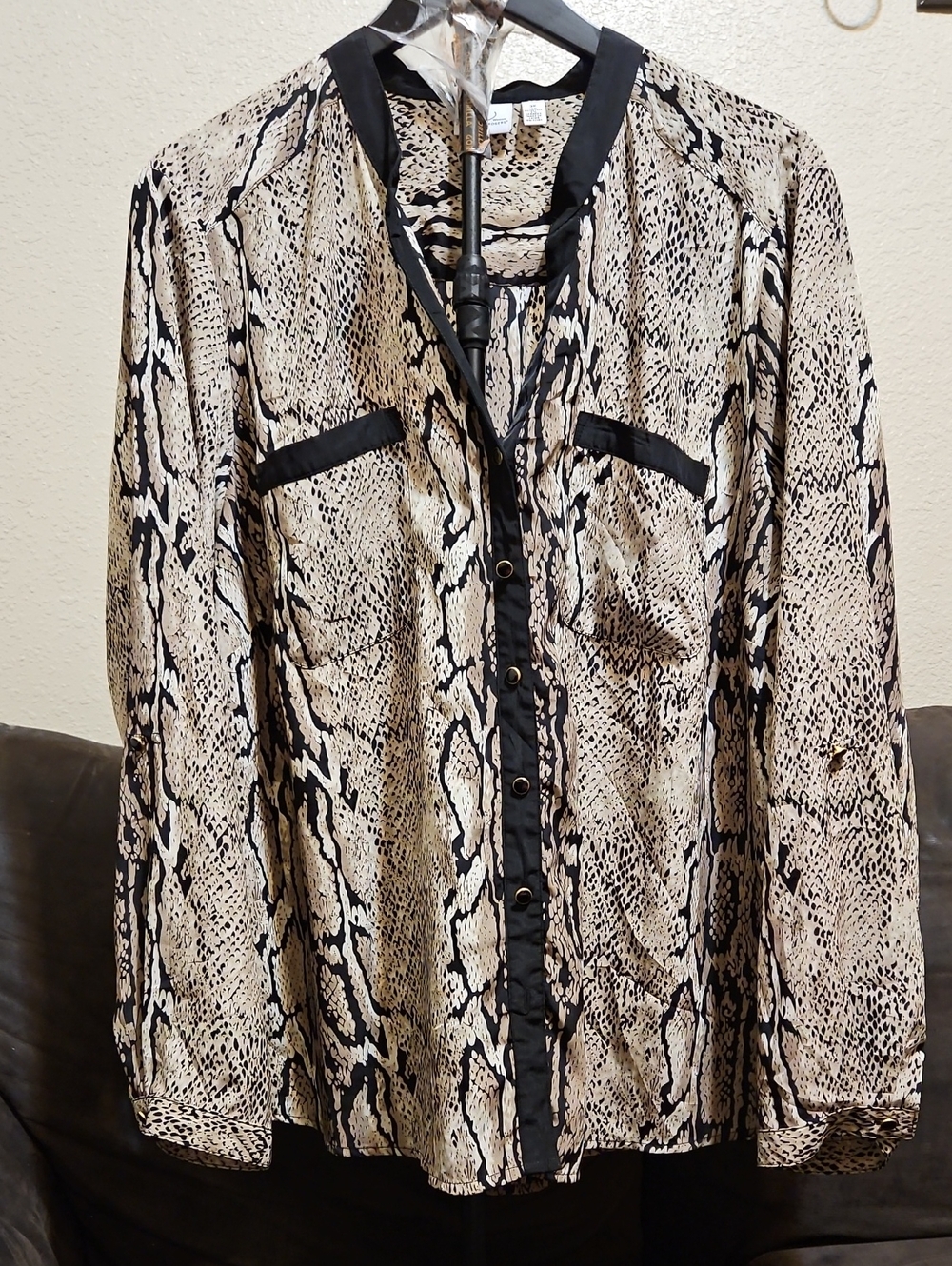 Kim Rogers Snake Print Button-Front Blouse in Beige and Black